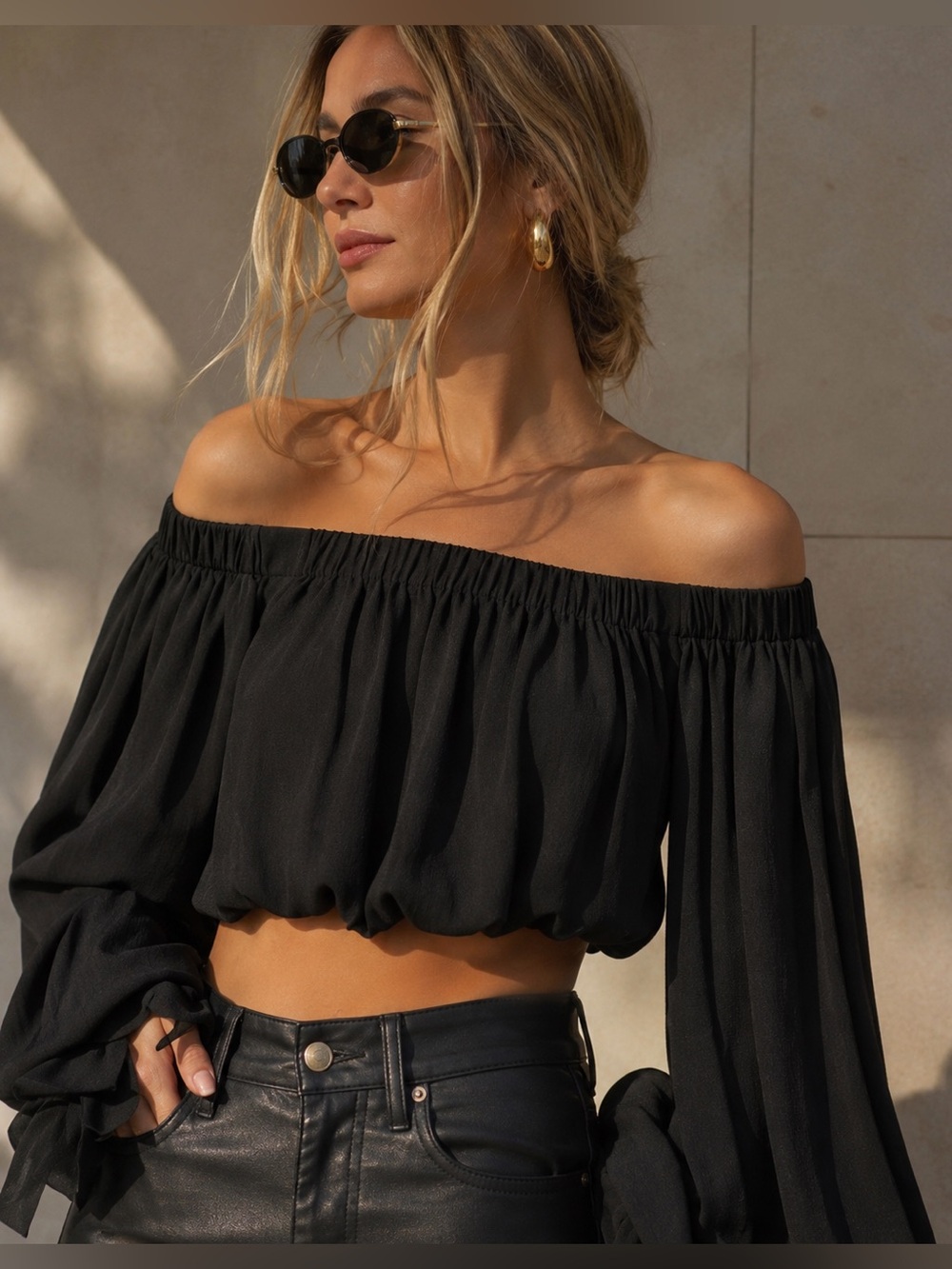 Off-Shoulder Black Cropped Blouson Top